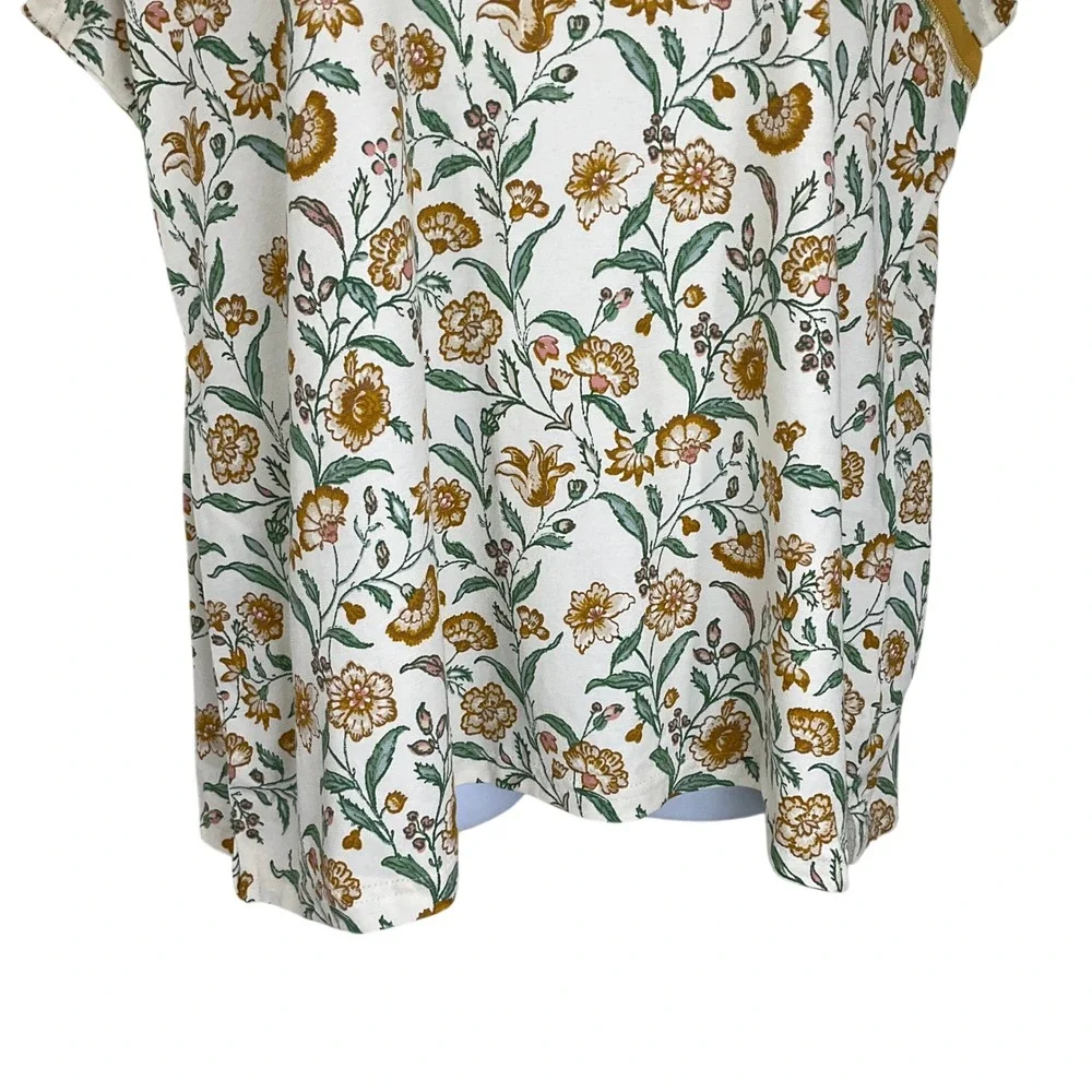 Garnet Hill Floral Wrap Neck Top Women's XL Cream Mustard‎ Yellow Organic Cotton